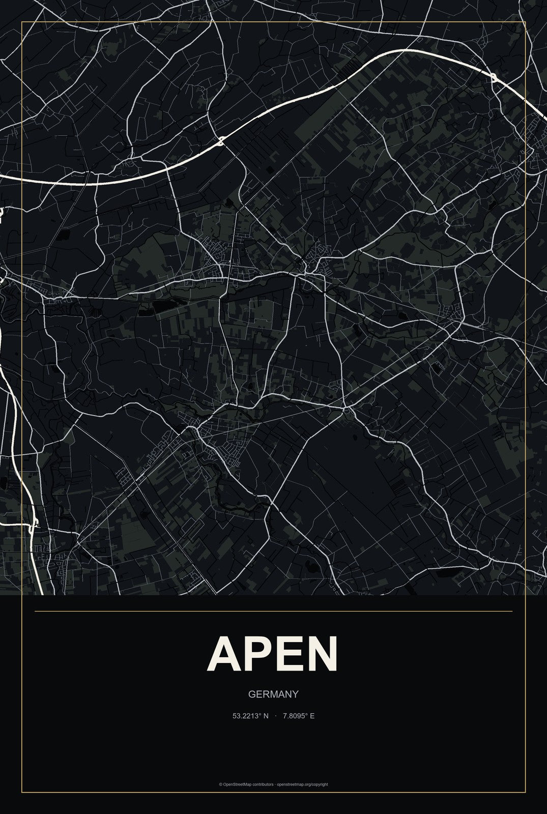 Apen, Germany City Map Aluminum Sign in Metropolitan Noir style
