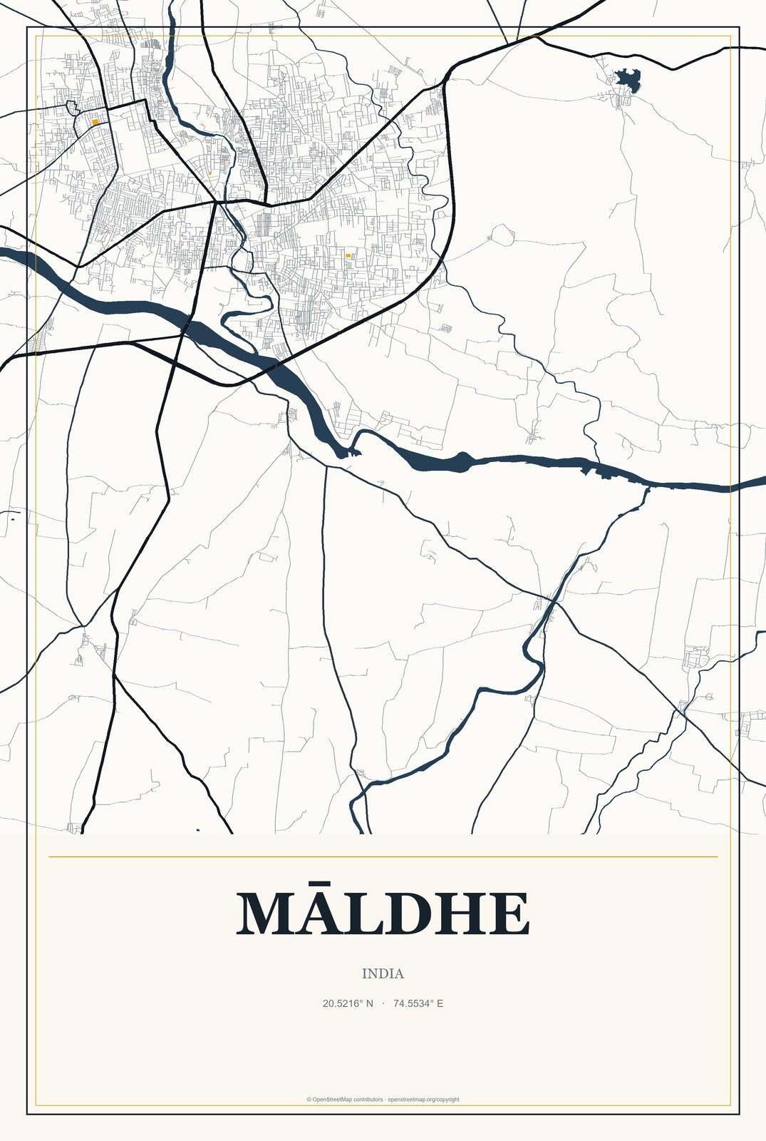 Māldhe, India City Map Aluminum Sign in Citrine Modern style