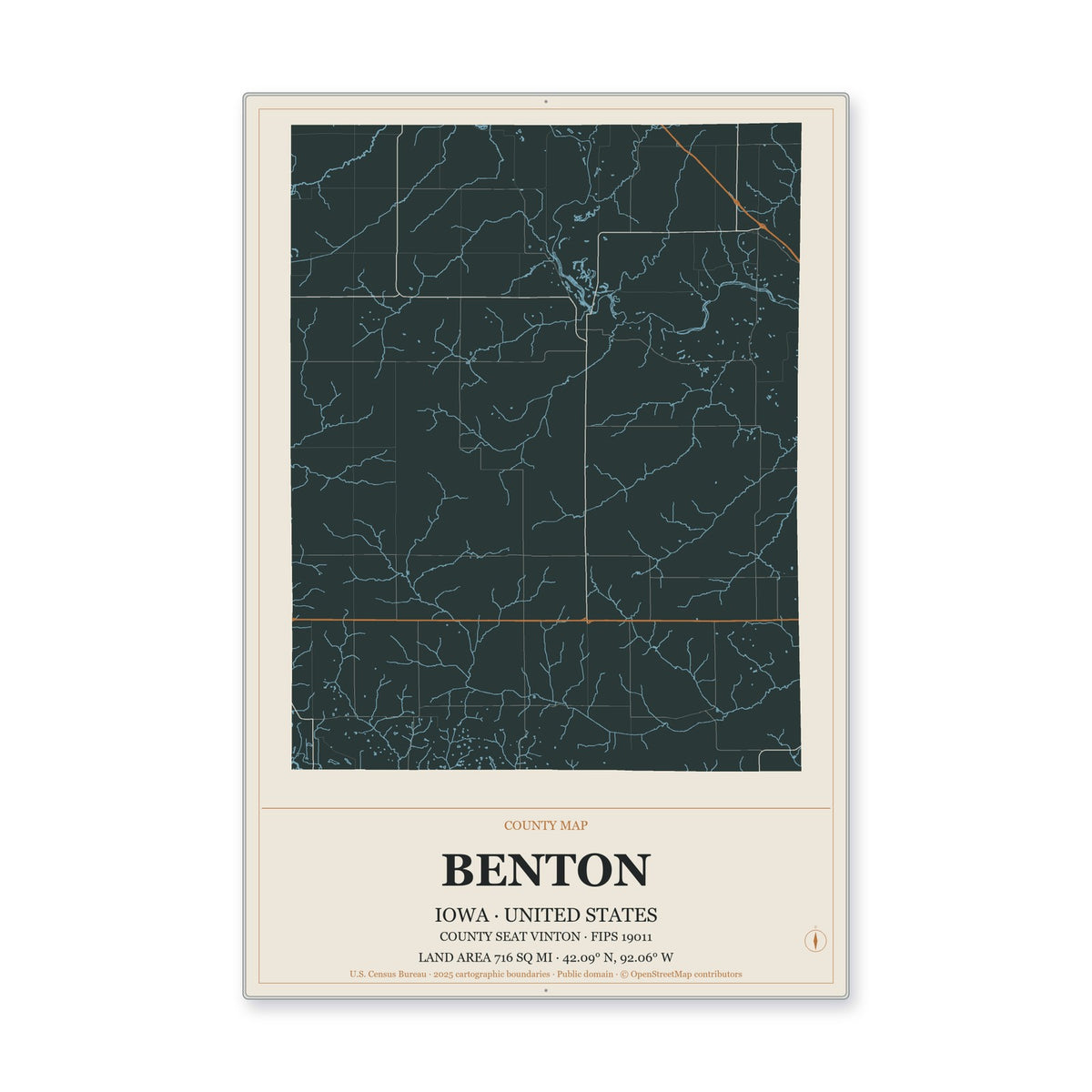 Benton County, Iowa Map Aluminum Sign in Headline Atlas style