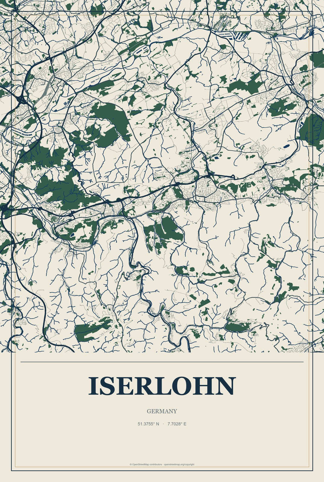 Iserlohn, Germany City Map Aluminum Sign in Coastal Cutout style