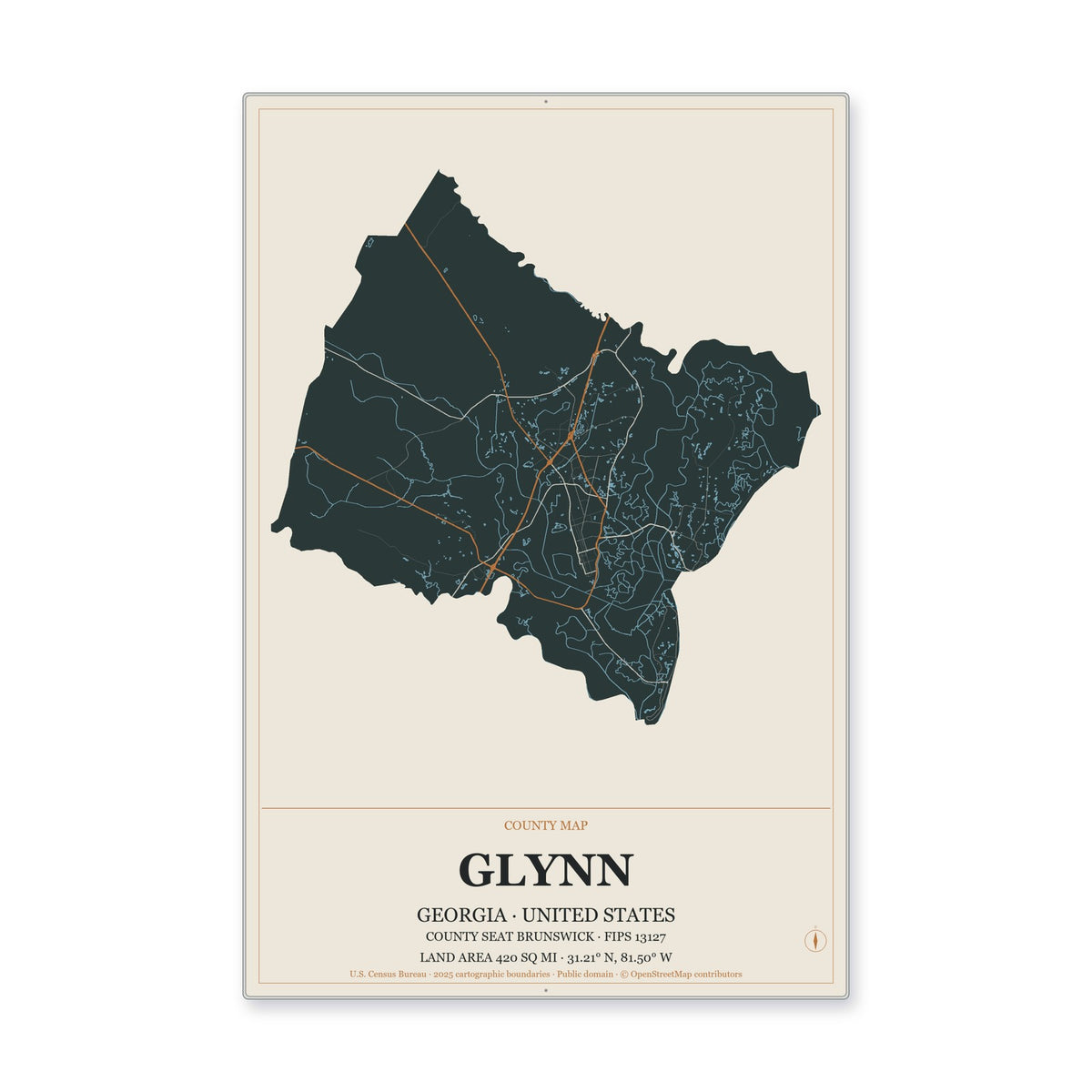 Glynn County, Georgia Map Aluminum Sign in Headline Atlas style