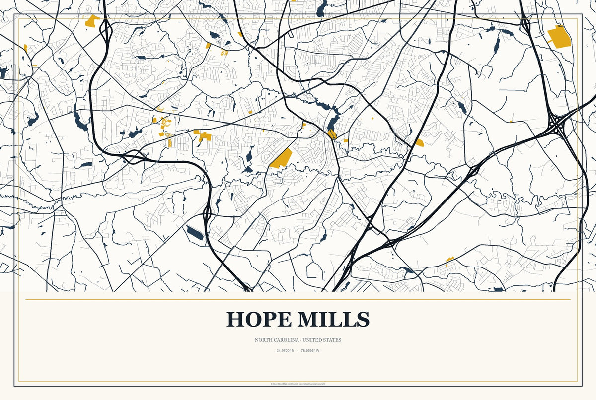 Hope Mills, North Carolina City Map Aluminum Sign in Citrine Modern style