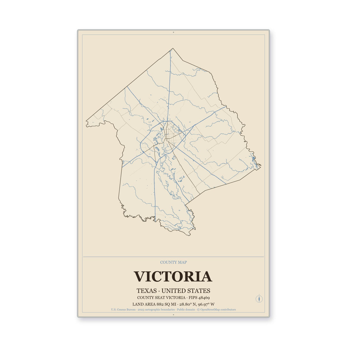 Victoria County, Texas Map Aluminum Sign in Heritage Nautical style