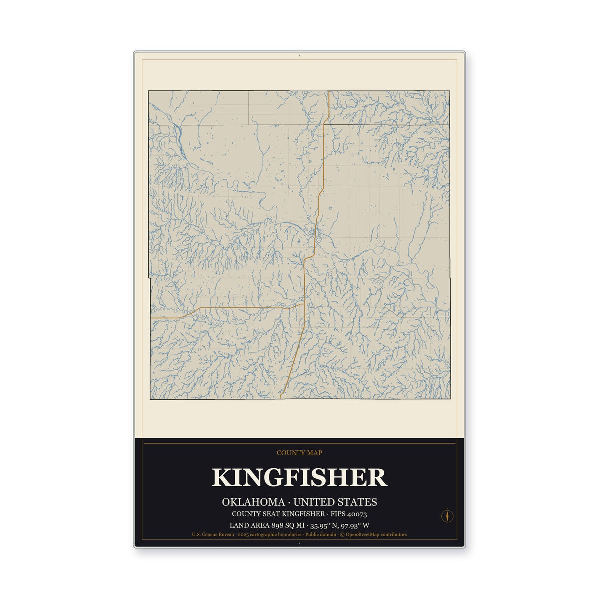 Kingfisher County, Oklahoma Map Aluminum Sign in Museum Plaque style