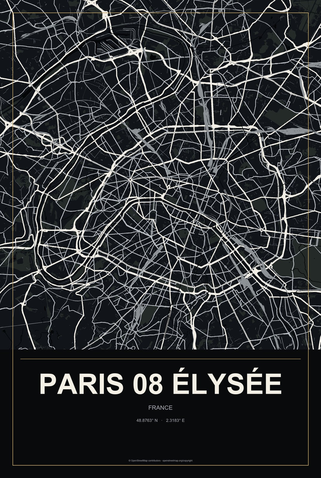 Paris 08 Élysée, France City Map Aluminum Sign in Metropolitan Noir style