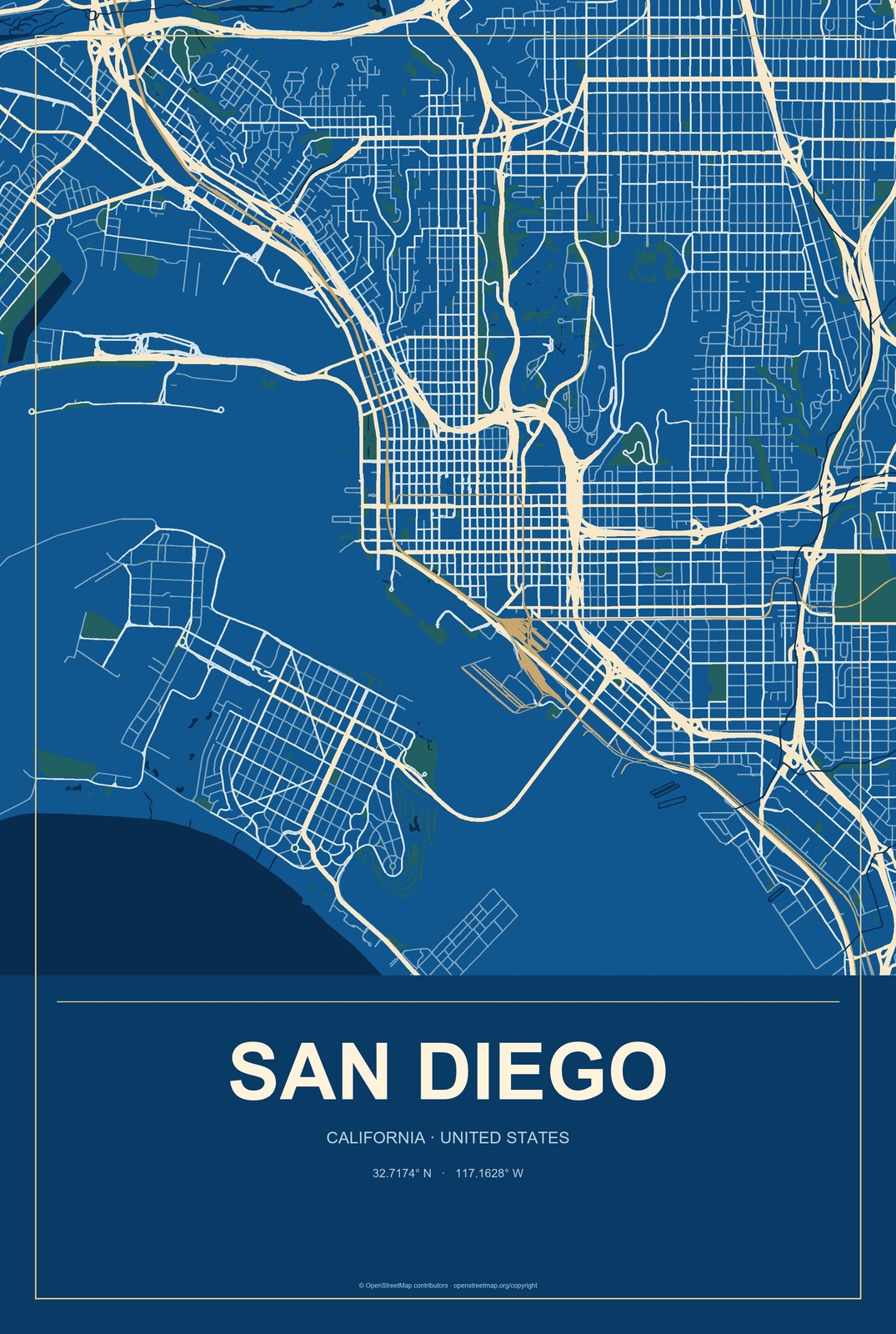 San Diego, California City Map Aluminum Sign in Harbor Cobalt style