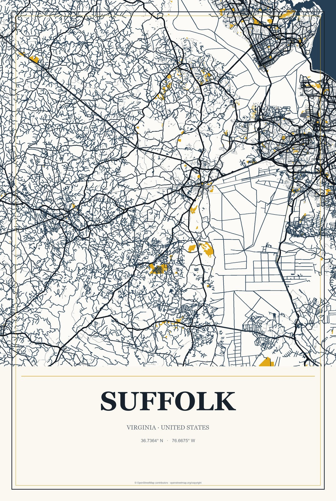 Suffolk, Virginia City Map Aluminum Sign in Citrine Modern style