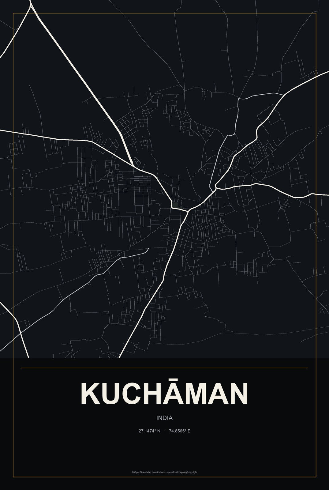 Kuchāman, India City Map Aluminum Sign in Metropolitan Noir style