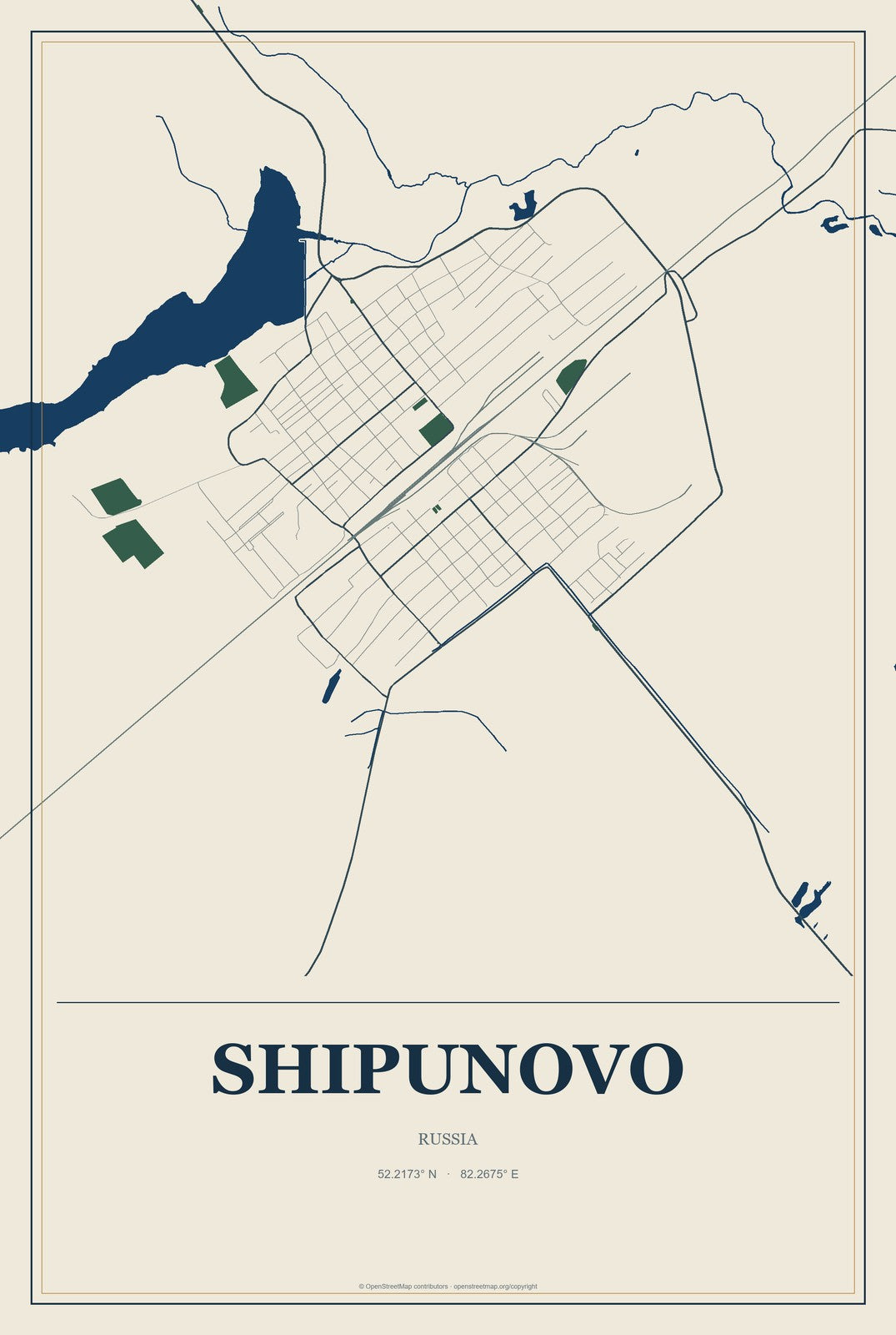 Shipunovo, Russia City Map Aluminum Sign in Coastal Cutout style