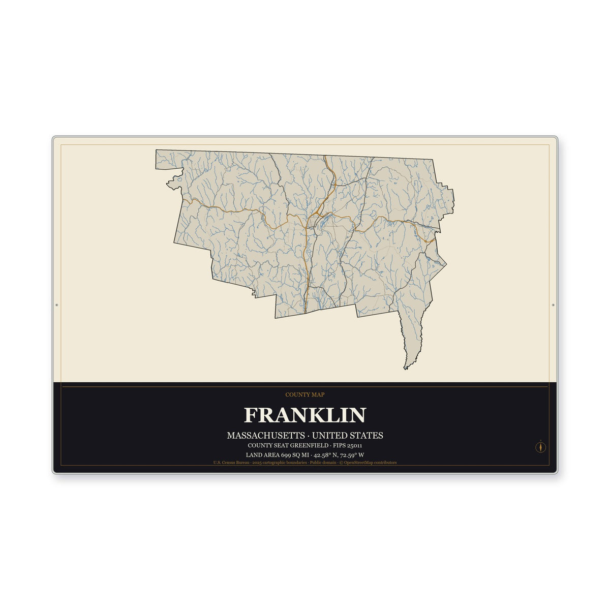 Franklin County, Massachusetts Map Aluminum Sign in Museum Plaque style