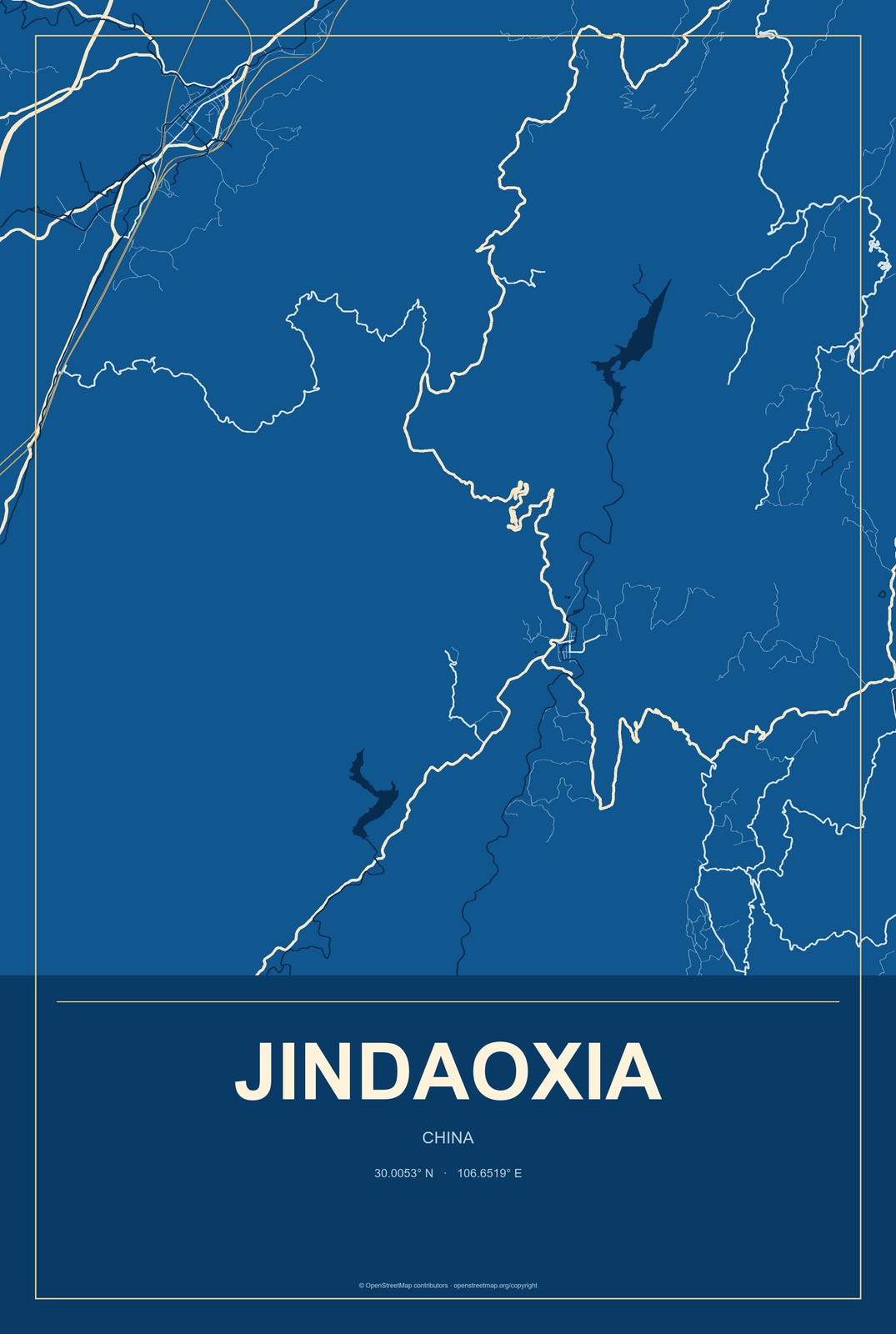 Jindaoxia, China City Map Aluminum Sign in Harbor Cobalt style