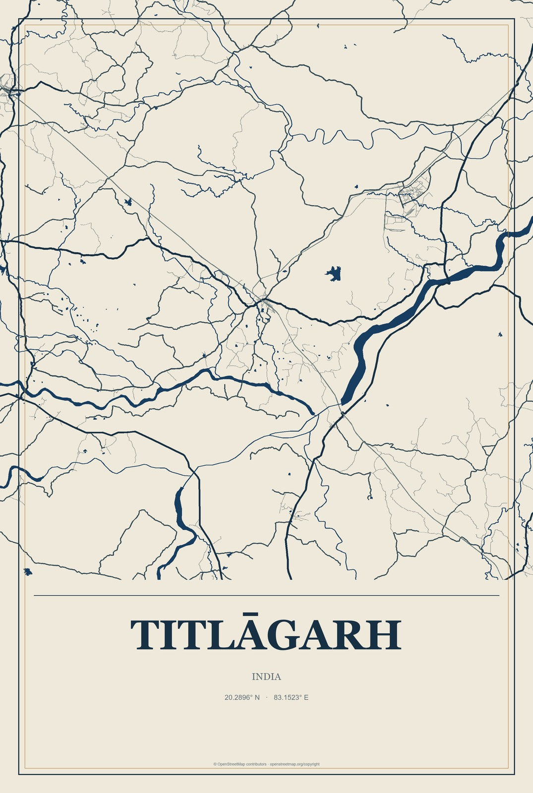 Titlāgarh, India City Map Aluminum Sign in Coastal Cutout style