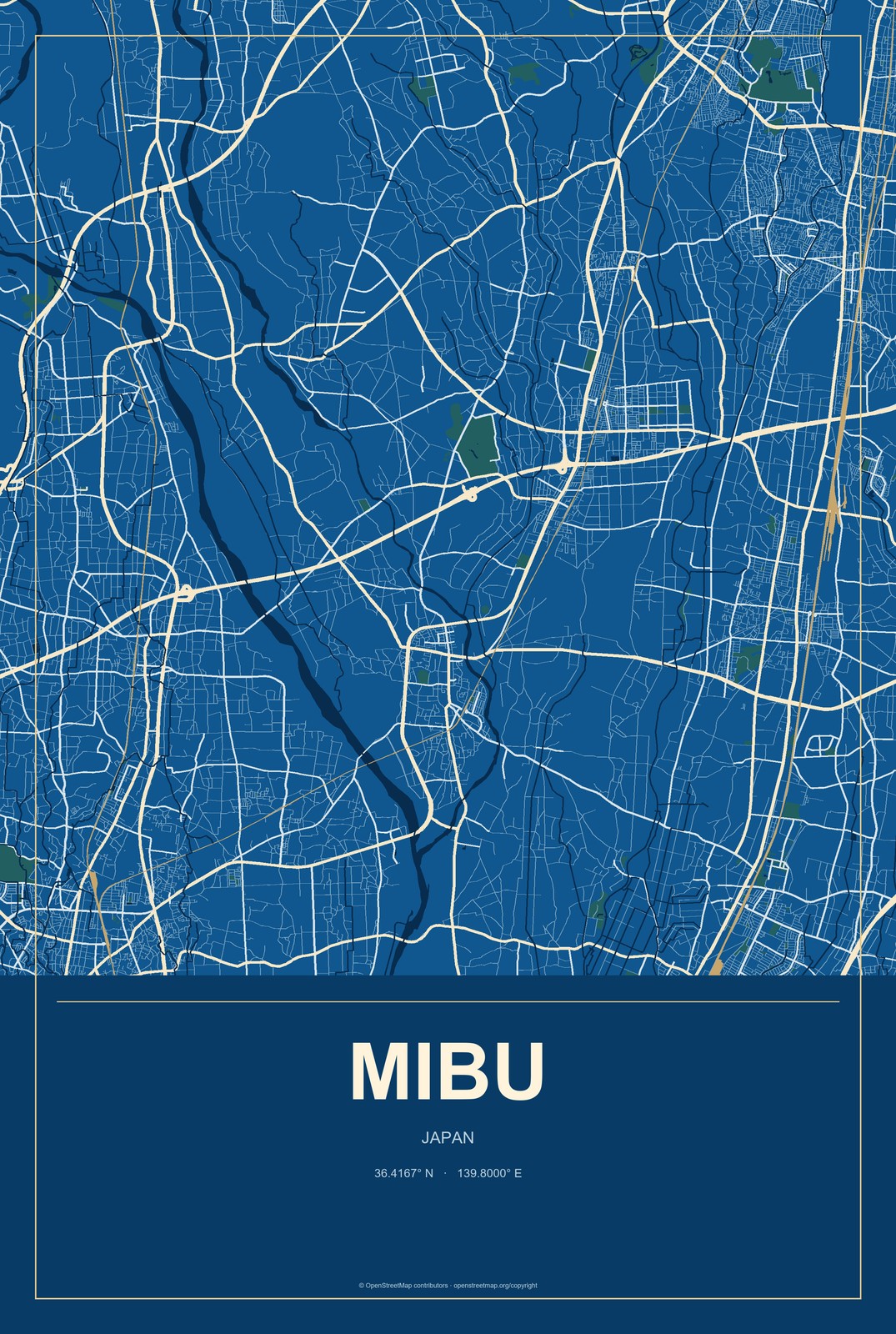 Mibu, Japan City Map Aluminum Sign in Harbor Cobalt style