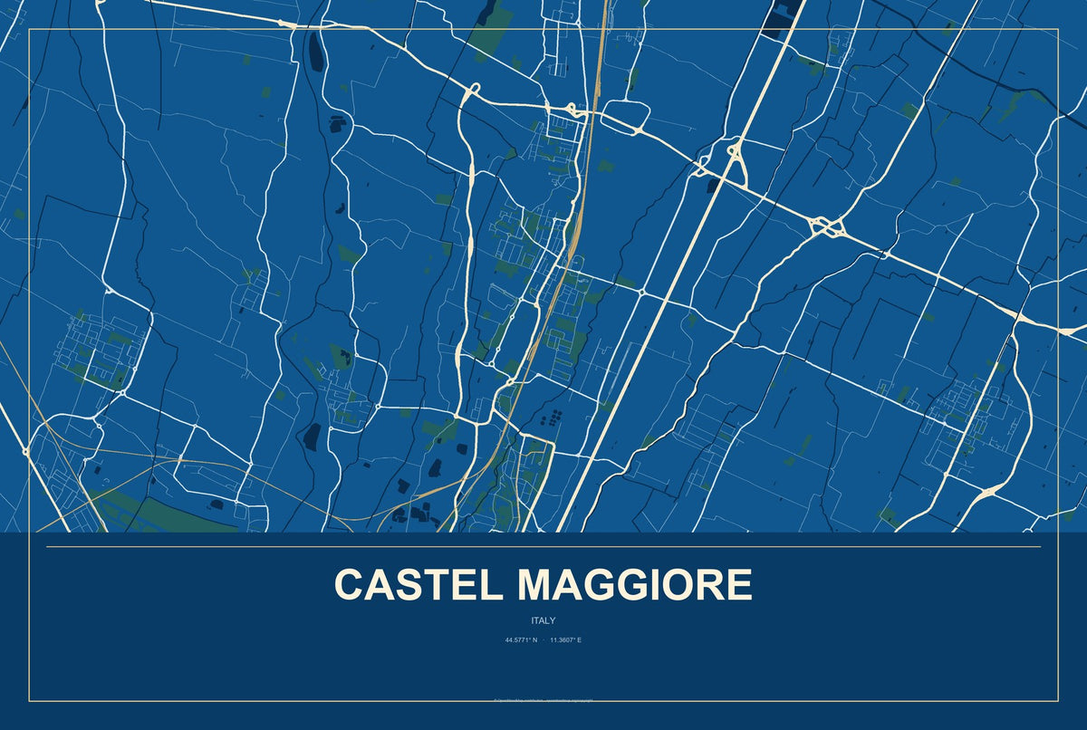 Castel Maggiore, Italy City Map Aluminum Sign in Harbor Cobalt style