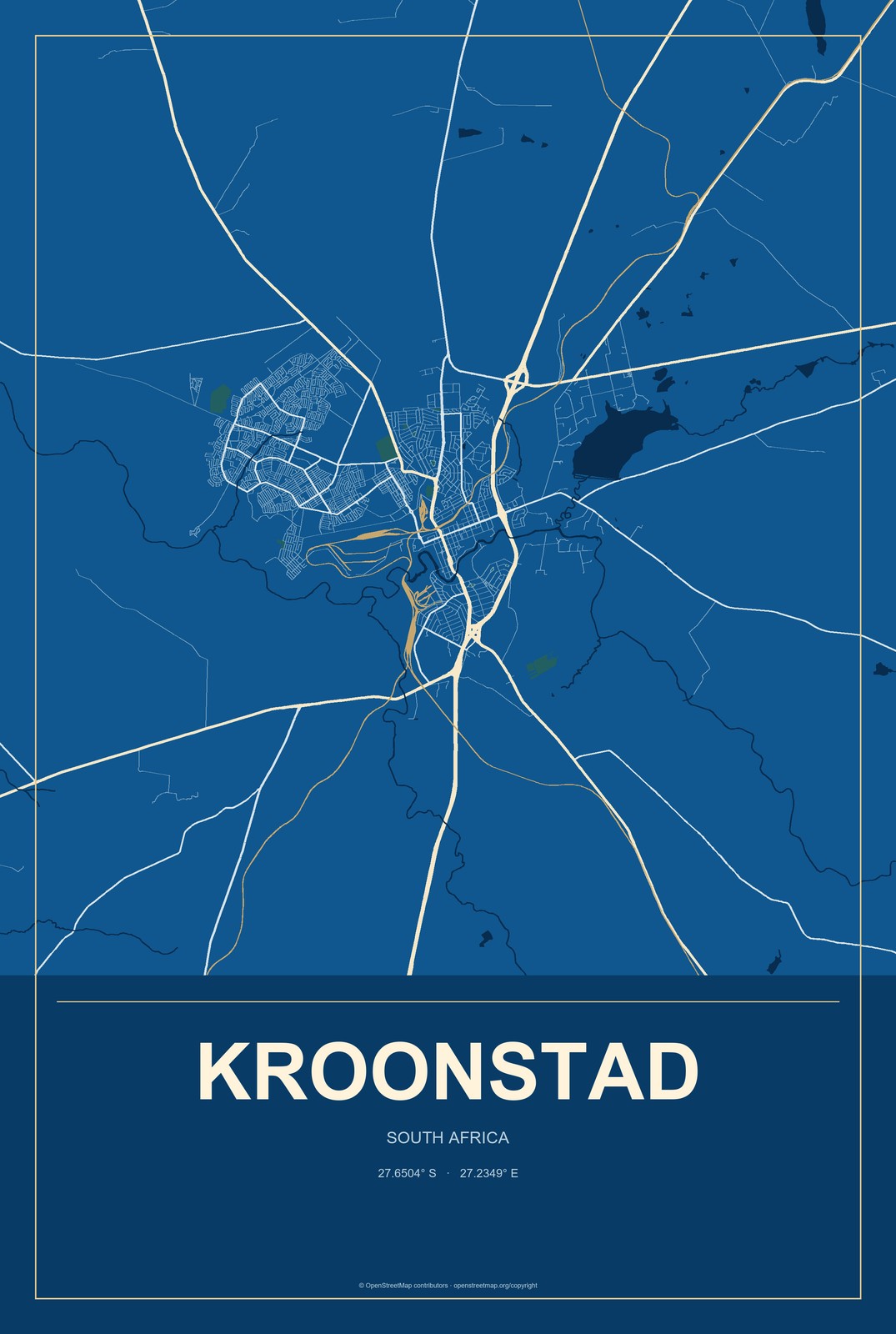 Kroonstad, South Africa City Map Aluminum Sign in Harbor Cobalt style