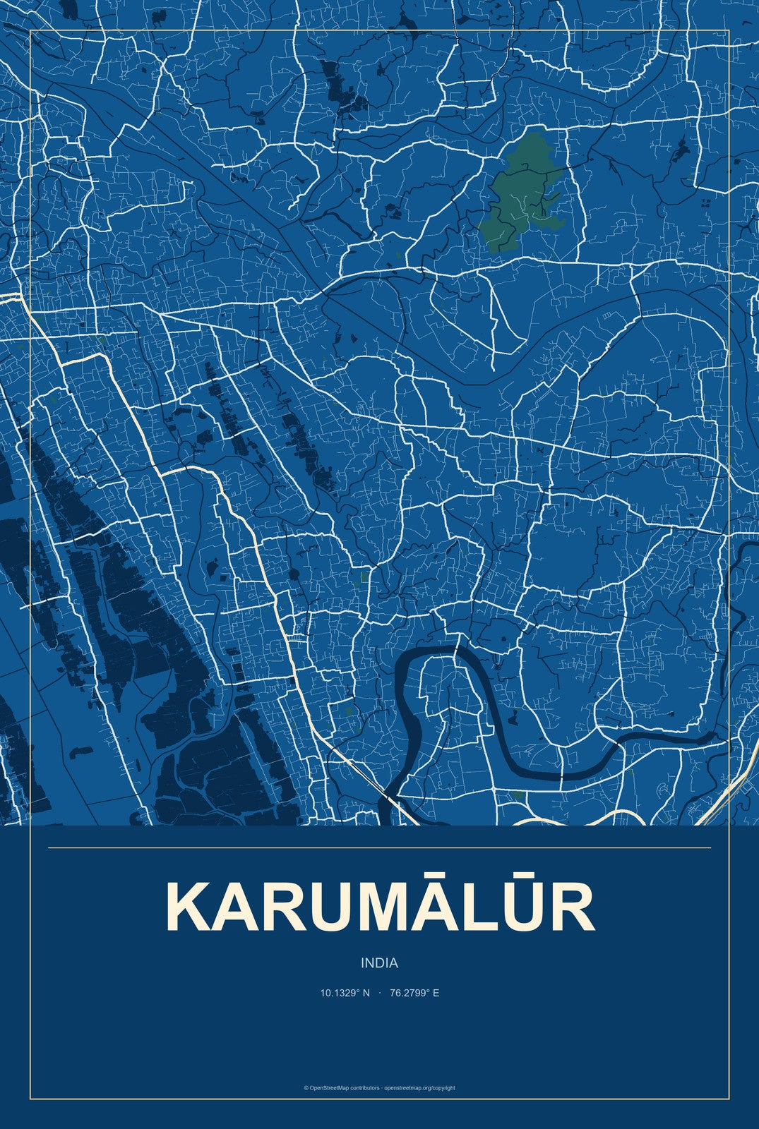 Karumālūr, India City Map Aluminum Sign in Harbor Cobalt style