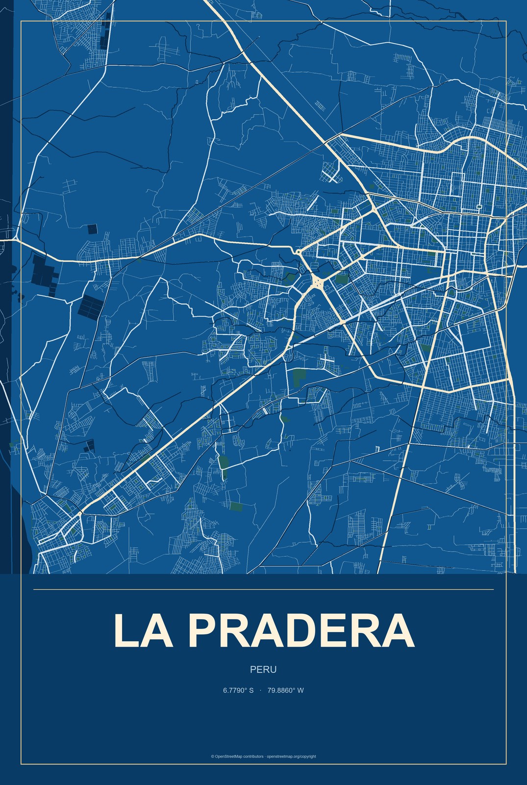 La Pradera, Peru City Map Aluminum Sign in Harbor Cobalt style