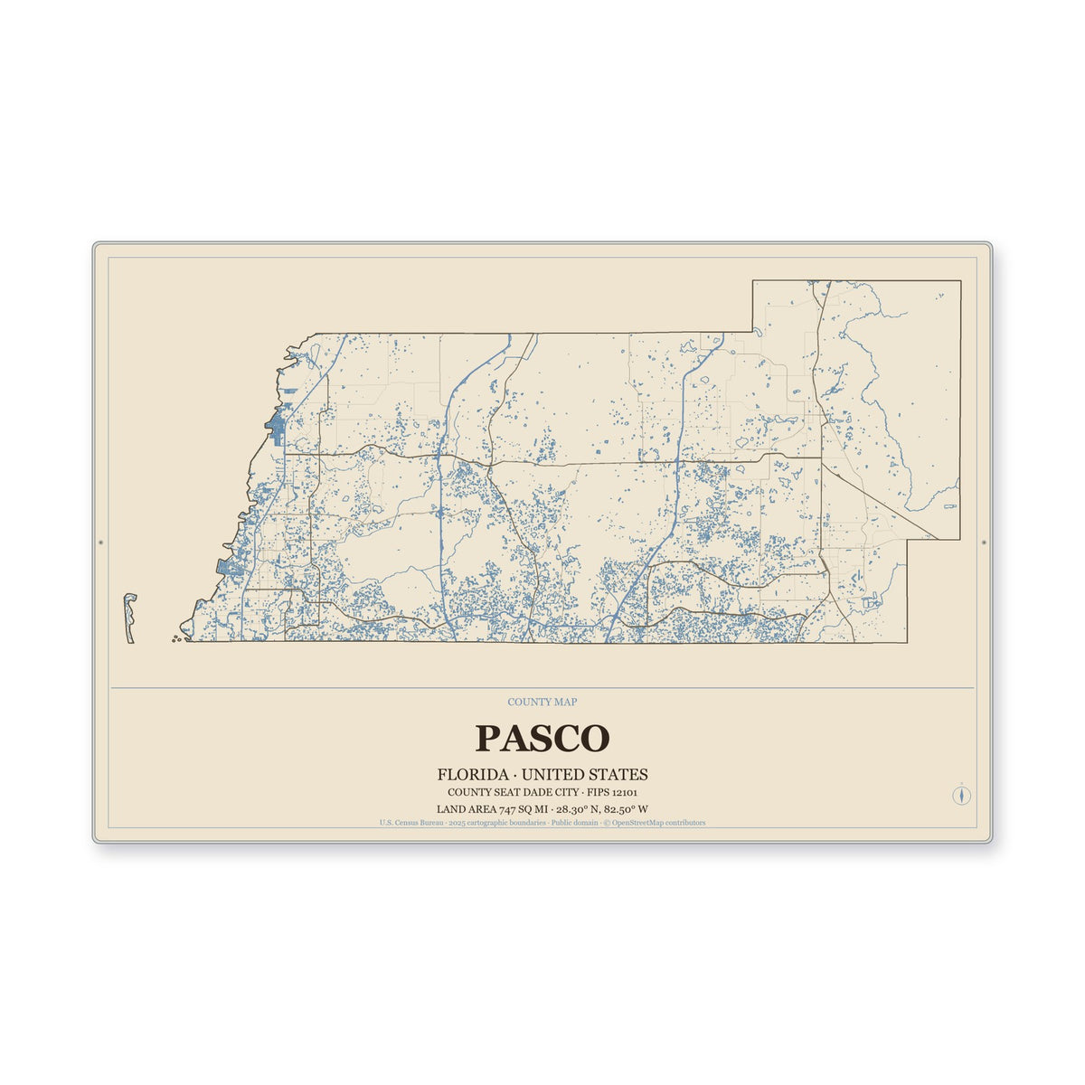 Pasco County, Florida Map Aluminum Sign in Heritage Nautical style