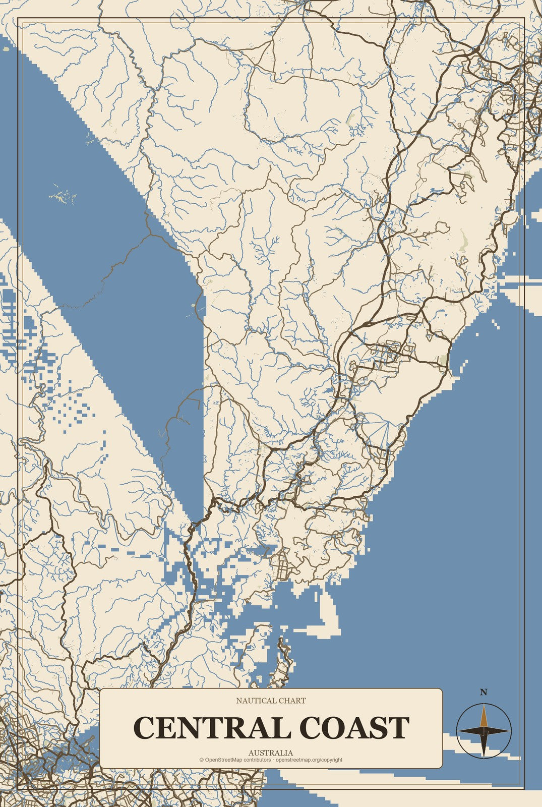 Central Coast, Australia City Map Aluminum Sign in Heritage Nautical style
