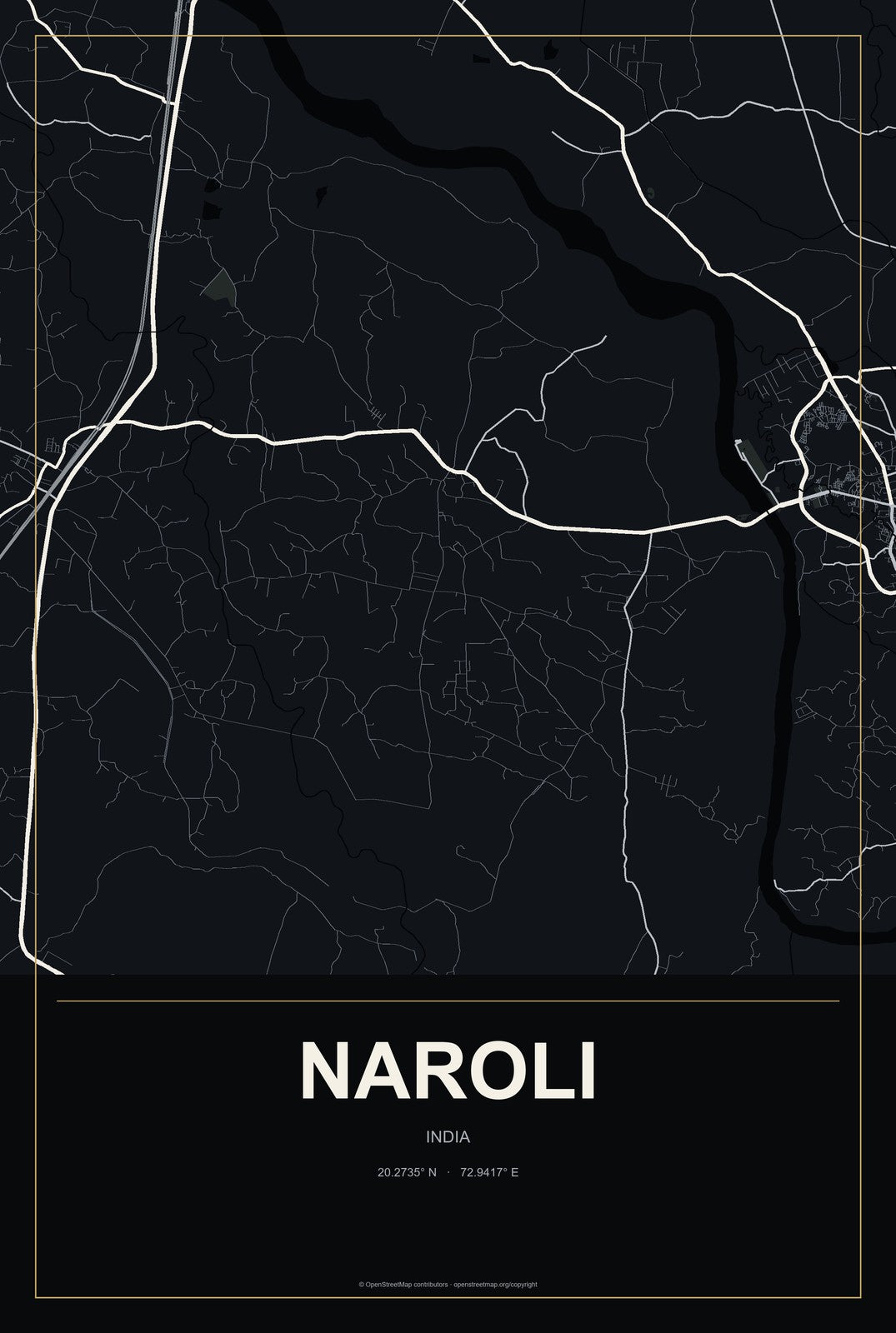 Naroli, India City Map Aluminum Sign in Metropolitan Noir style