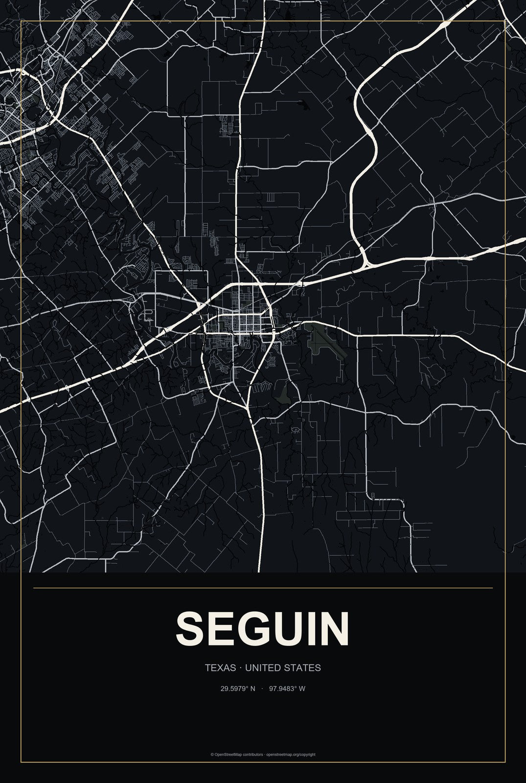 Seguin, Texas City Map Aluminum Sign in Metropolitan Noir style