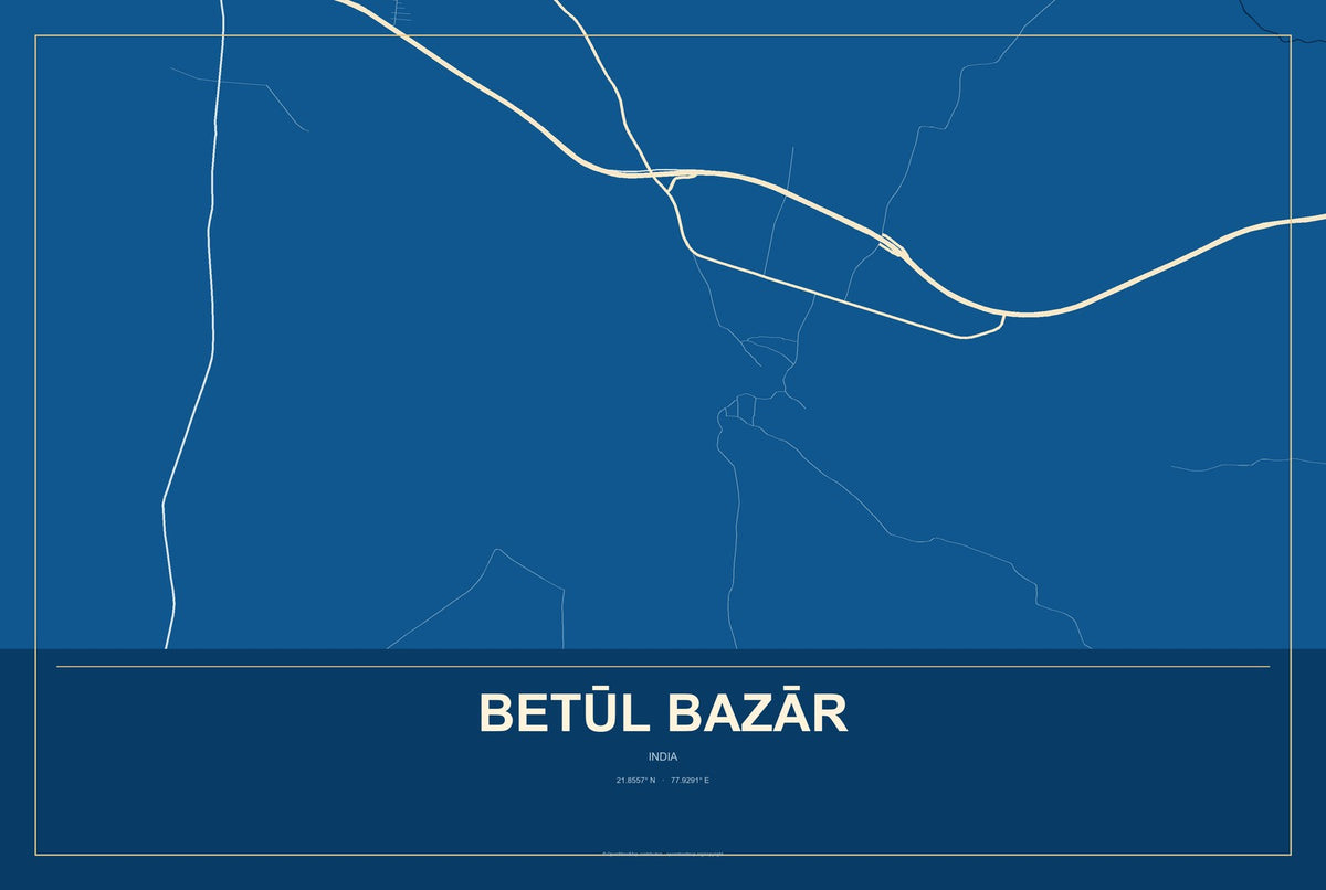 Betūl Bazār, India City Map Aluminum Sign in Harbor Cobalt style