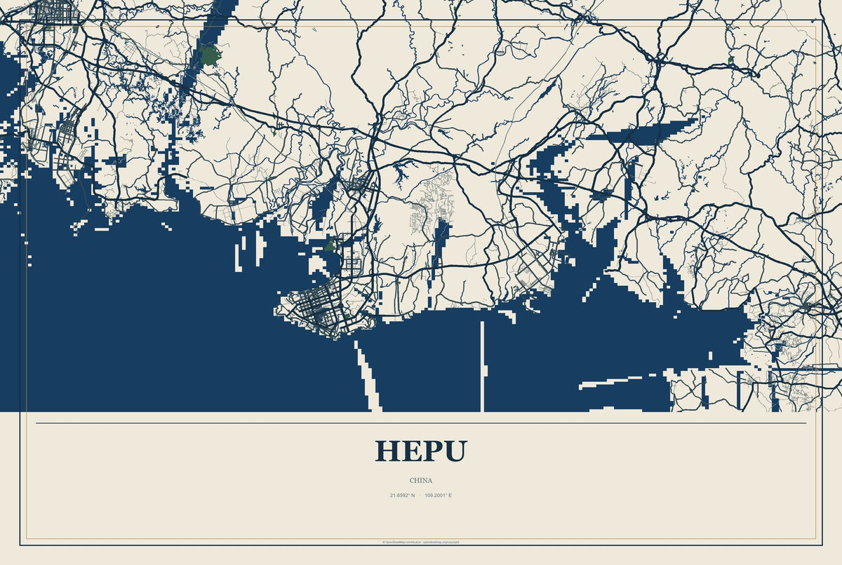Hepu, China City Map Aluminum Sign in Coastal Cutout style