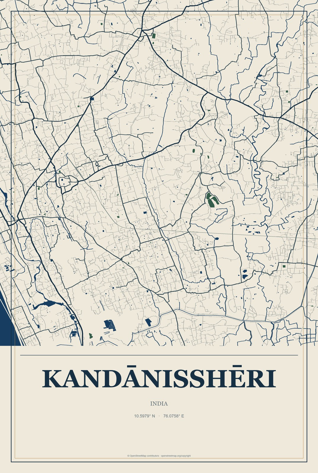 Kandānisshēri, India City Map Aluminum Sign in Coastal Cutout style