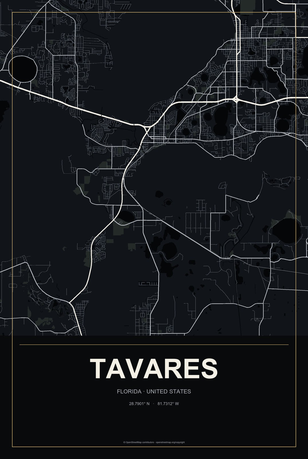 Tavares, Florida City Map Aluminum Sign in Metropolitan Noir style