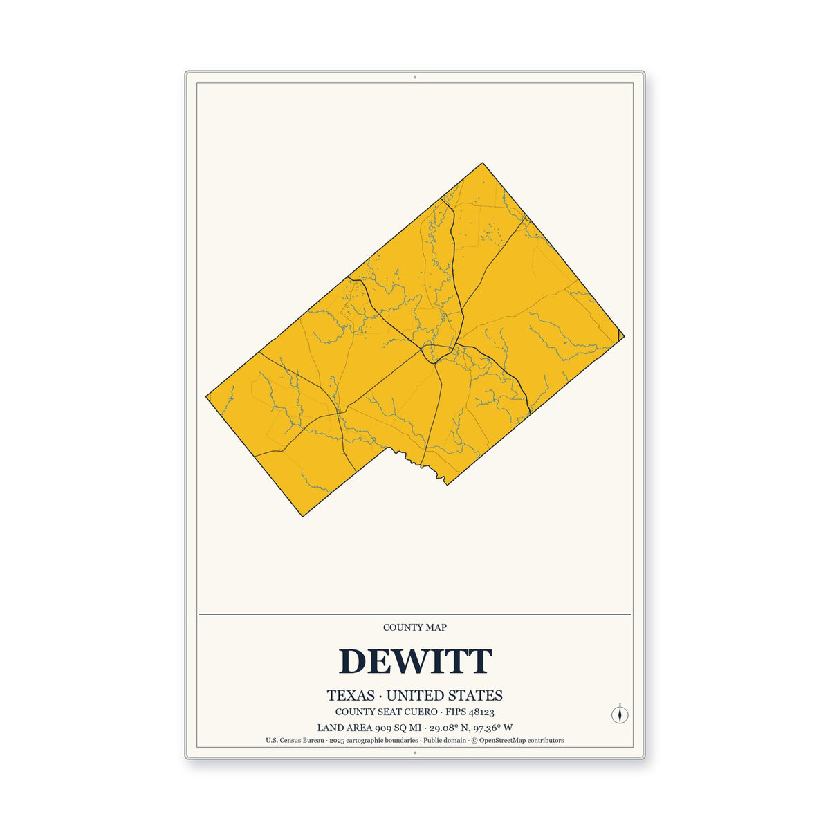 DeWitt County, Texas Map Aluminum Sign in Citrine Modern style