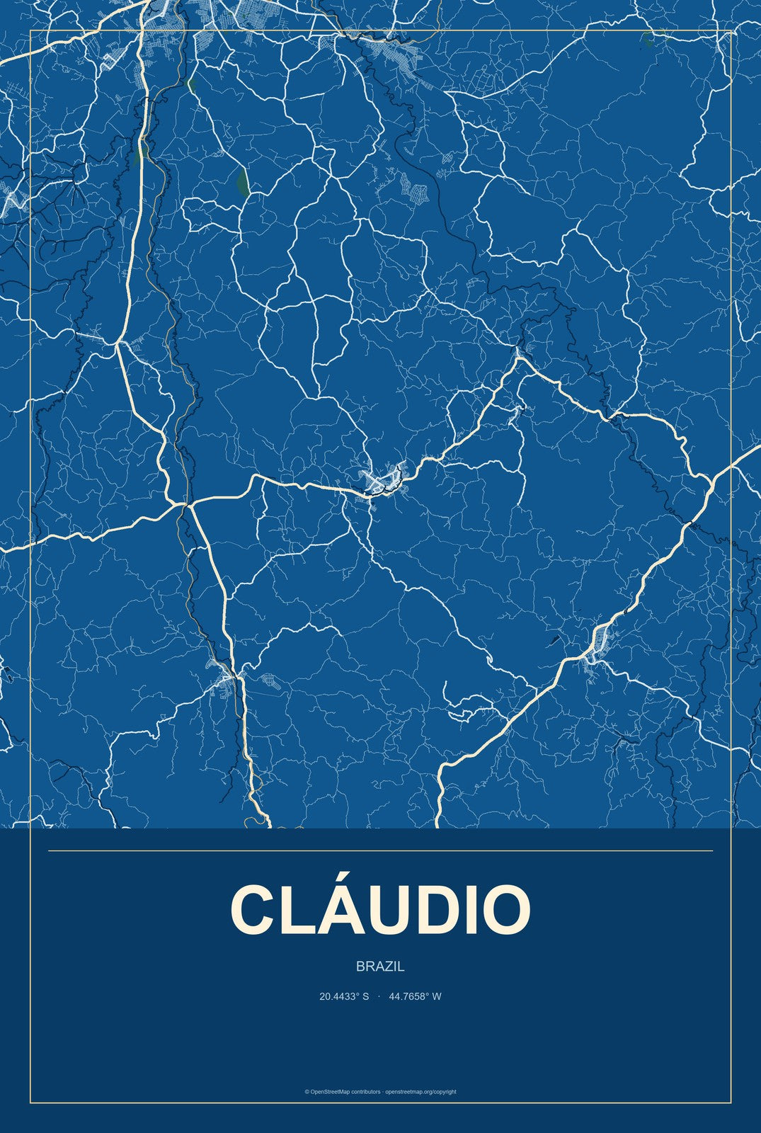 Cláudio, Brazil City Map Aluminum Sign in Harbor Cobalt style