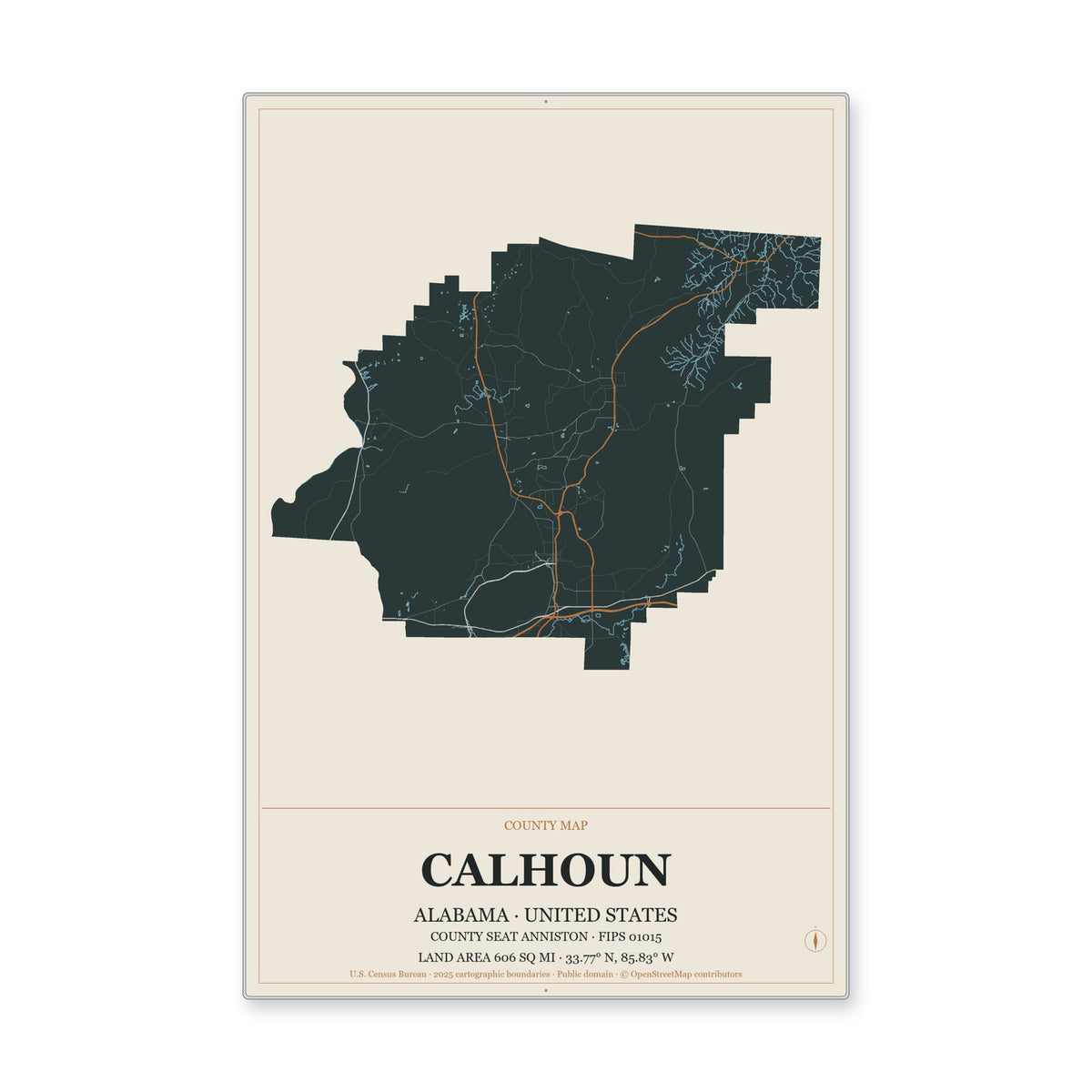 Calhoun County, Alabama Map Aluminum Sign in Headline Atlas style