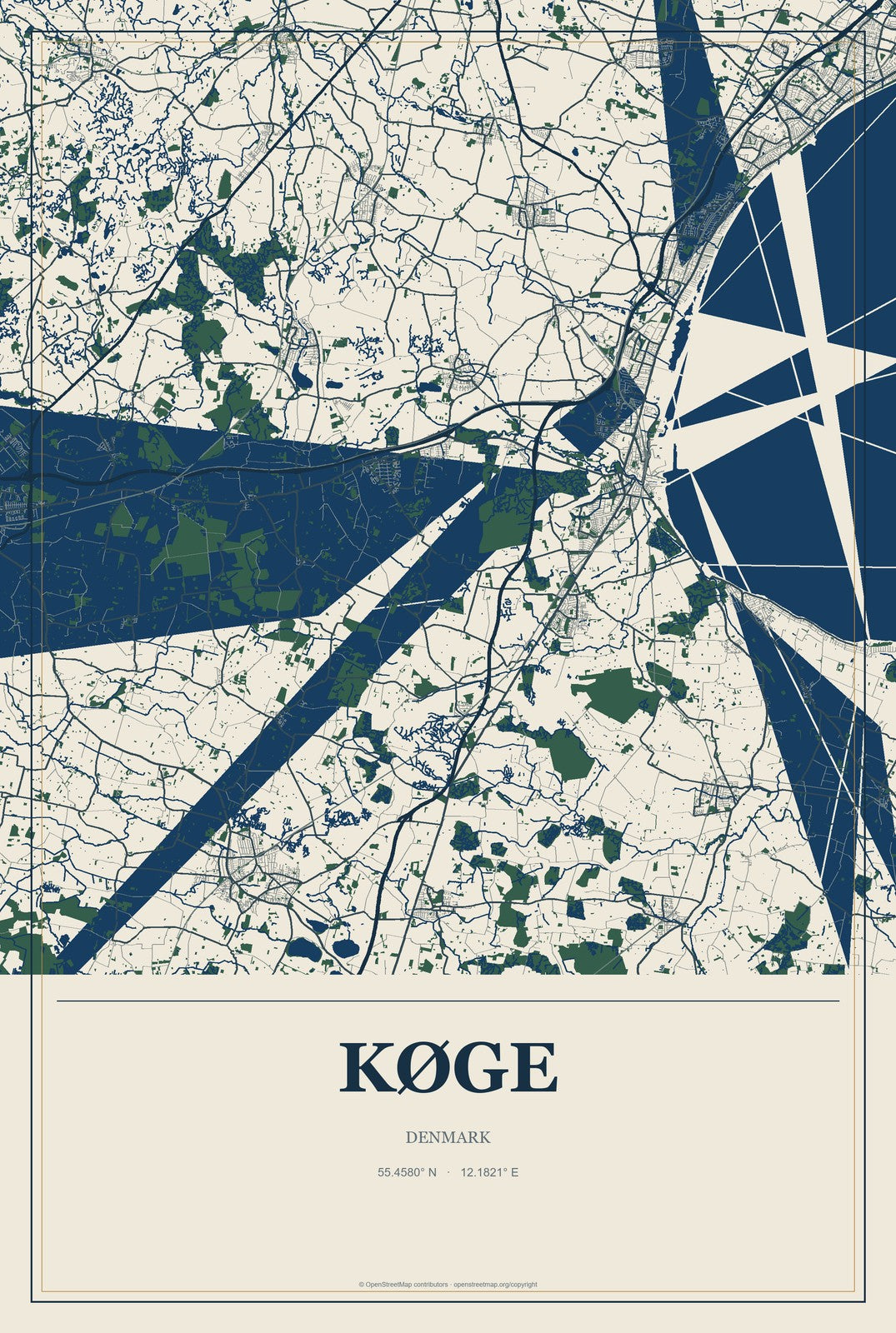 Køge, Denmark City Map Aluminum Sign in Coastal Cutout style