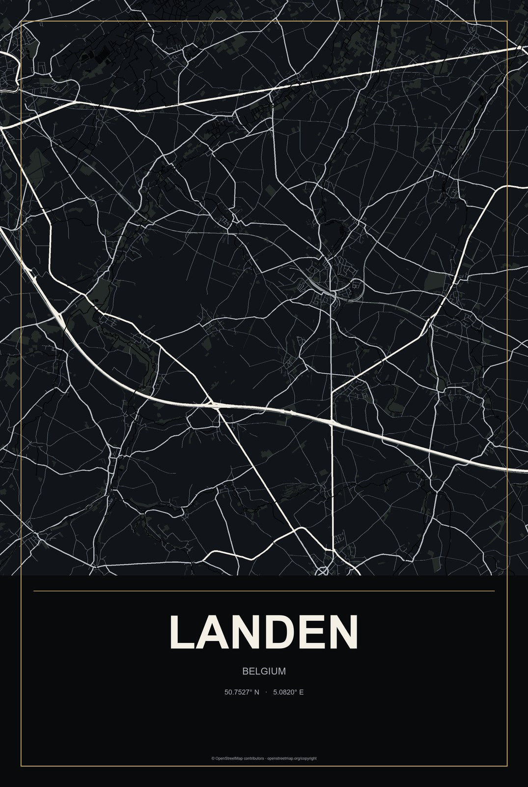 Landen, Belgium City Map Aluminum Sign in Metropolitan Noir style