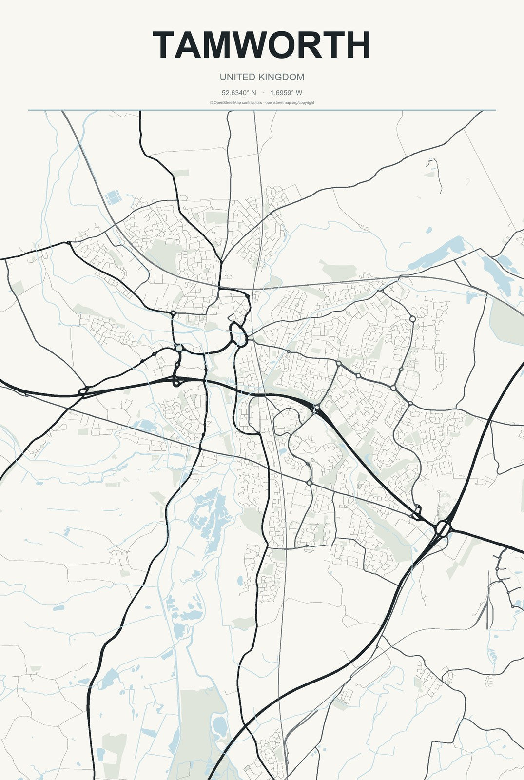 Tamworth, United Kingdom City Map Aluminum Sign in Headline Atlas style