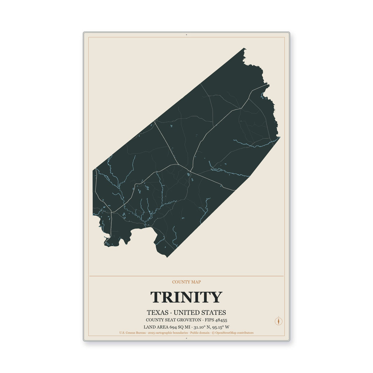 Trinity County, Texas Map Aluminum Sign in Headline Atlas style