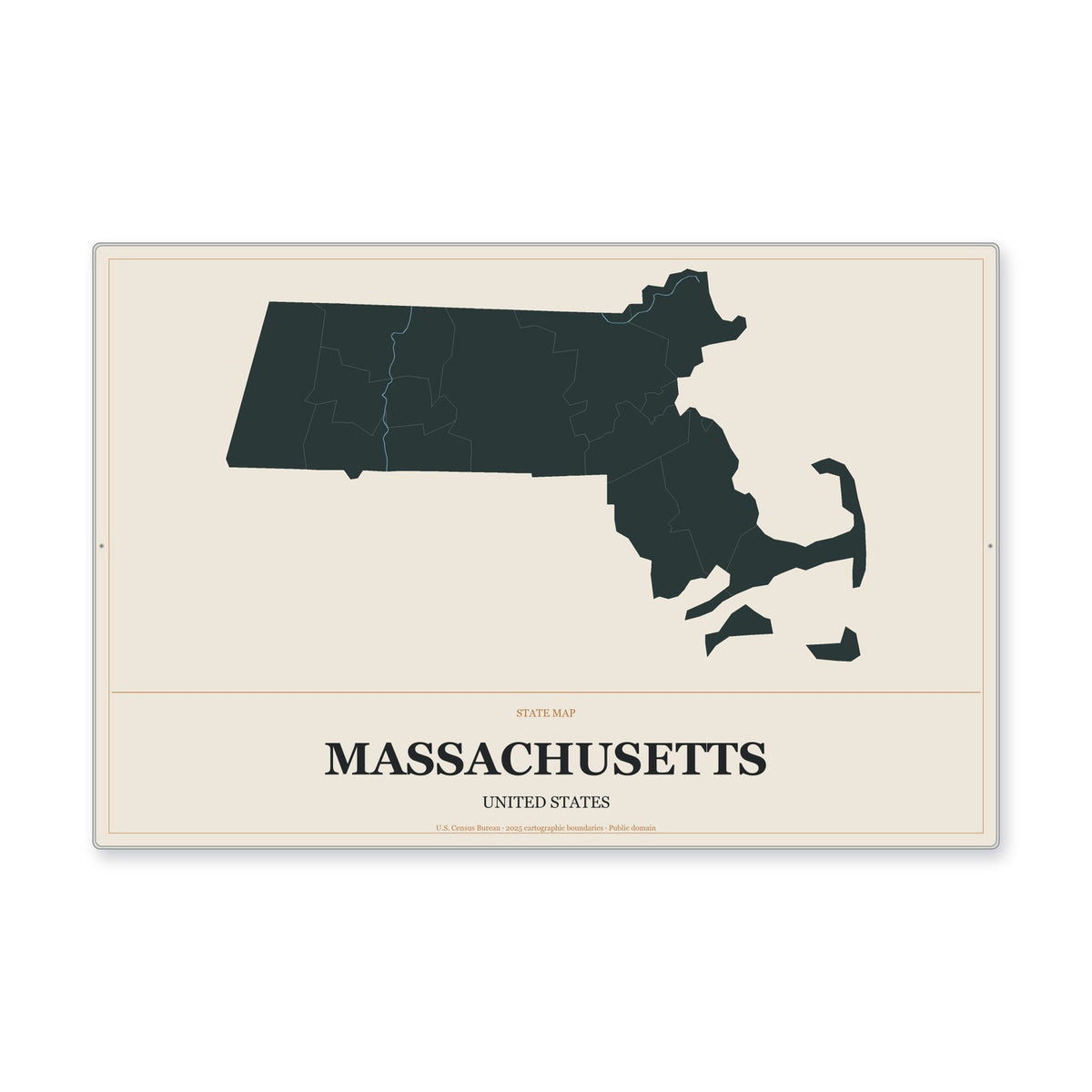Massachusetts state map aluminum sign in Headline Atlas style