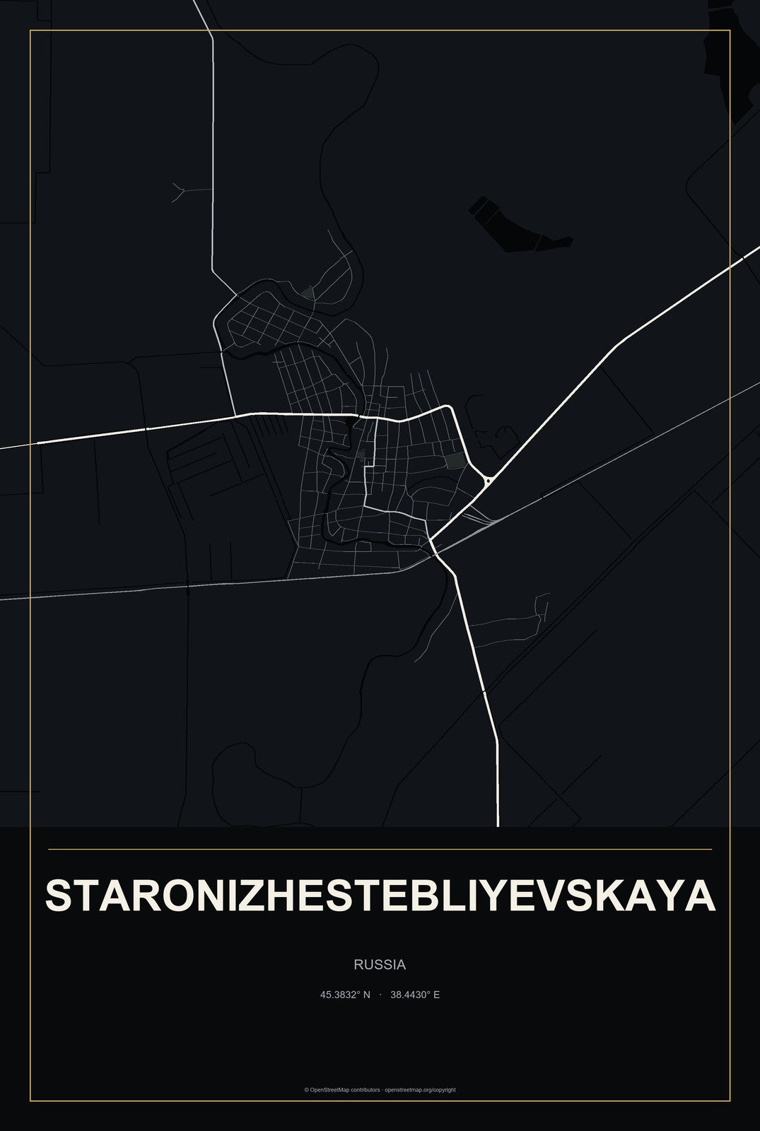 Staronizhestebliyevskaya, Russia City Map Aluminum Sign in Metropolitan Noir style
