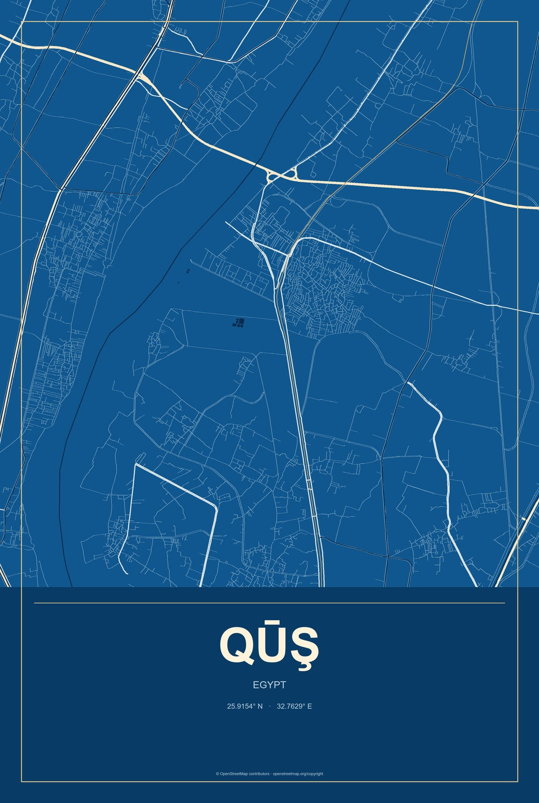 Qūş, Egypt City Map Aluminum Sign in Harbor Cobalt style