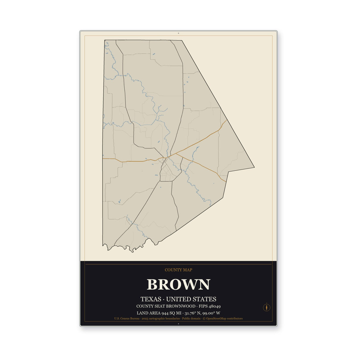 Brown County, Texas Map Aluminum Sign in Museum Plaque style