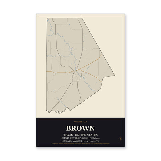 Brown County, Texas Map Aluminum Sign in Museum Plaque style