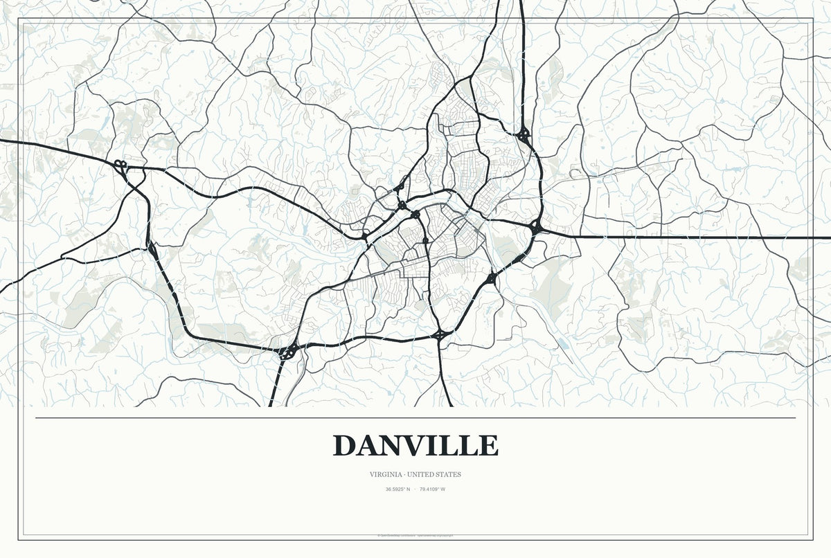 Danville, Virginia City Map Aluminum Sign in Gallery Air style
