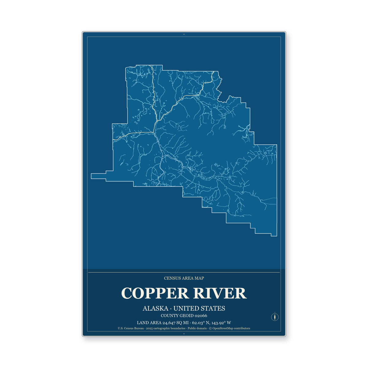 Copper River Census Area, Alaska Map Aluminum Sign in Harbor Cobalt style