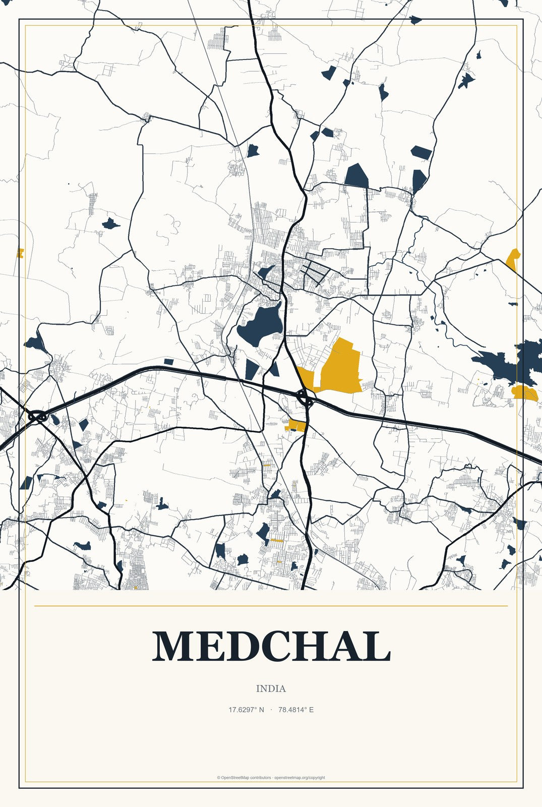 Medchal, India City Map Aluminum Sign in Citrine Modern style