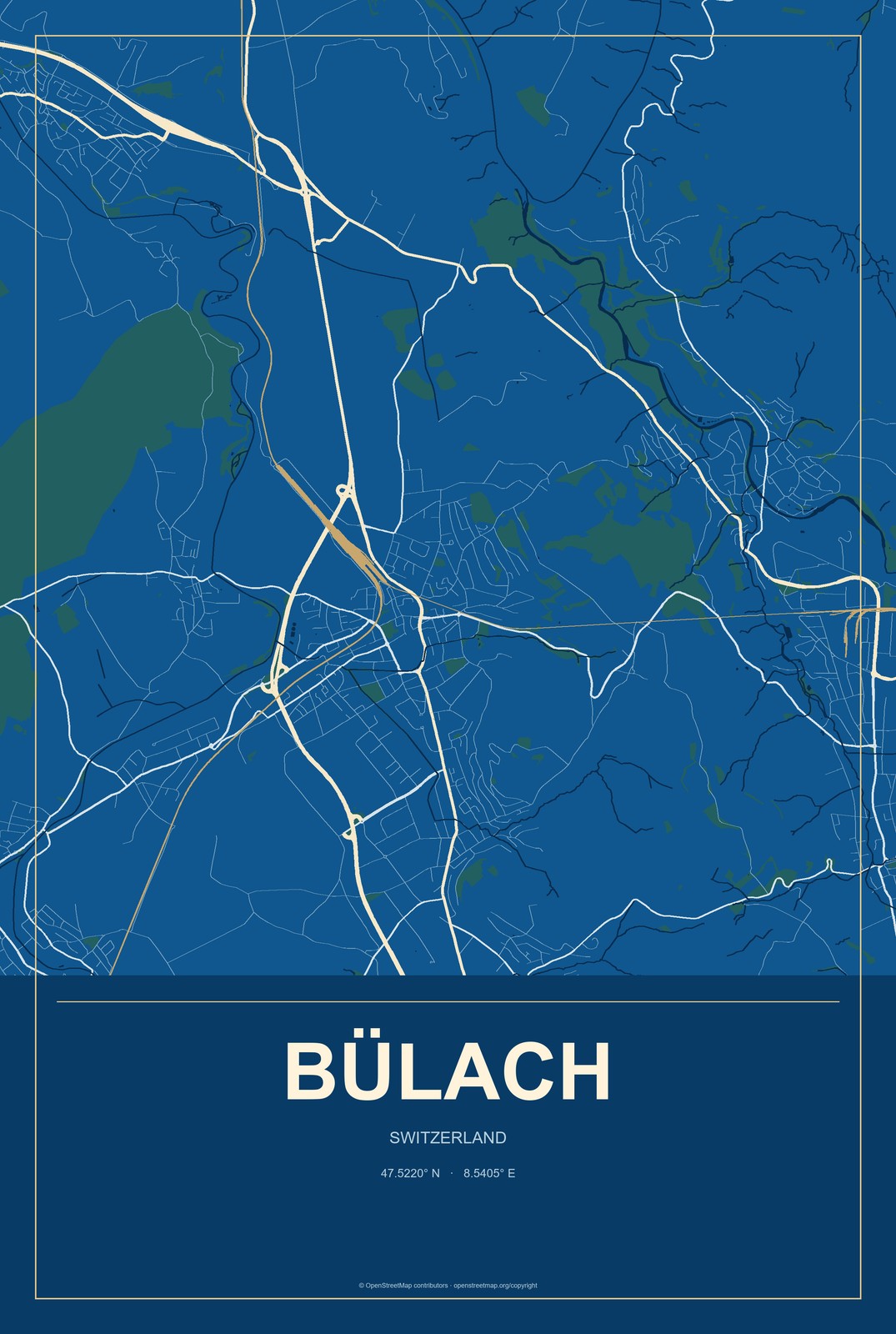 Bülach, Switzerland City Map Aluminum Sign in Harbor Cobalt style