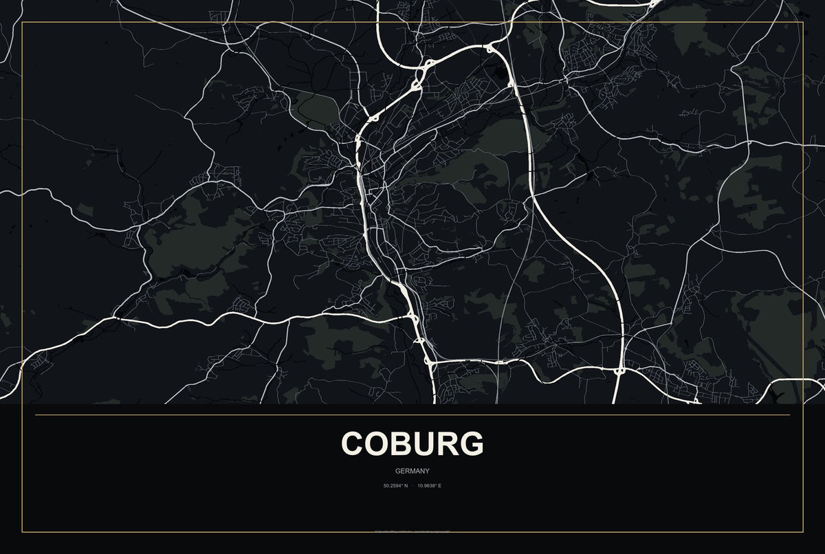 Coburg, Germany City Map Aluminum Sign in Metropolitan Noir style