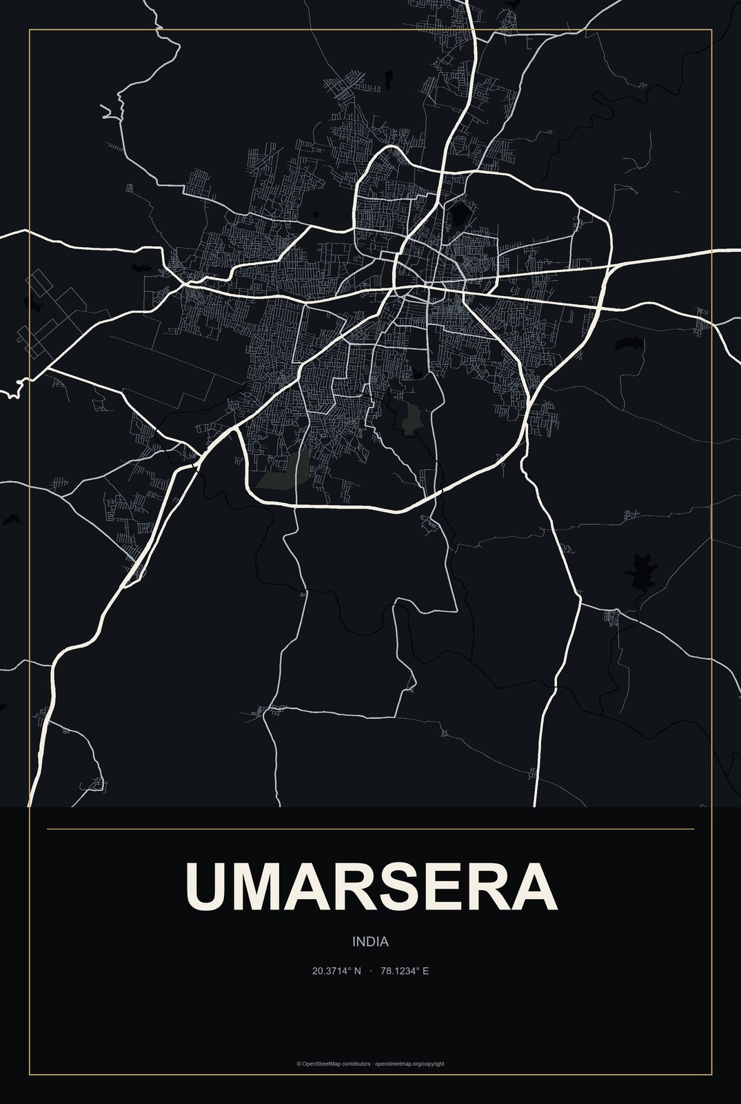 Umarsera, India City Map Aluminum Sign in Metropolitan Noir style