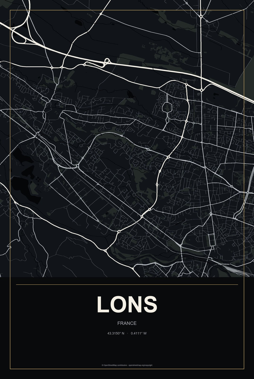Lons, France City Map Aluminum Sign in Metropolitan Noir style