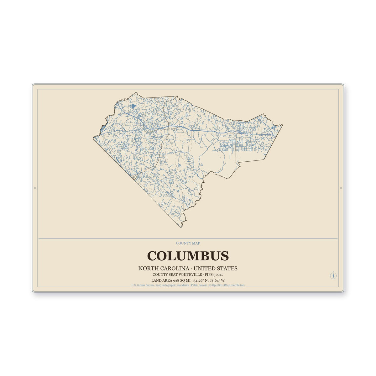 Columbus County, North Carolina Map Aluminum Sign in Heritage Nautical style