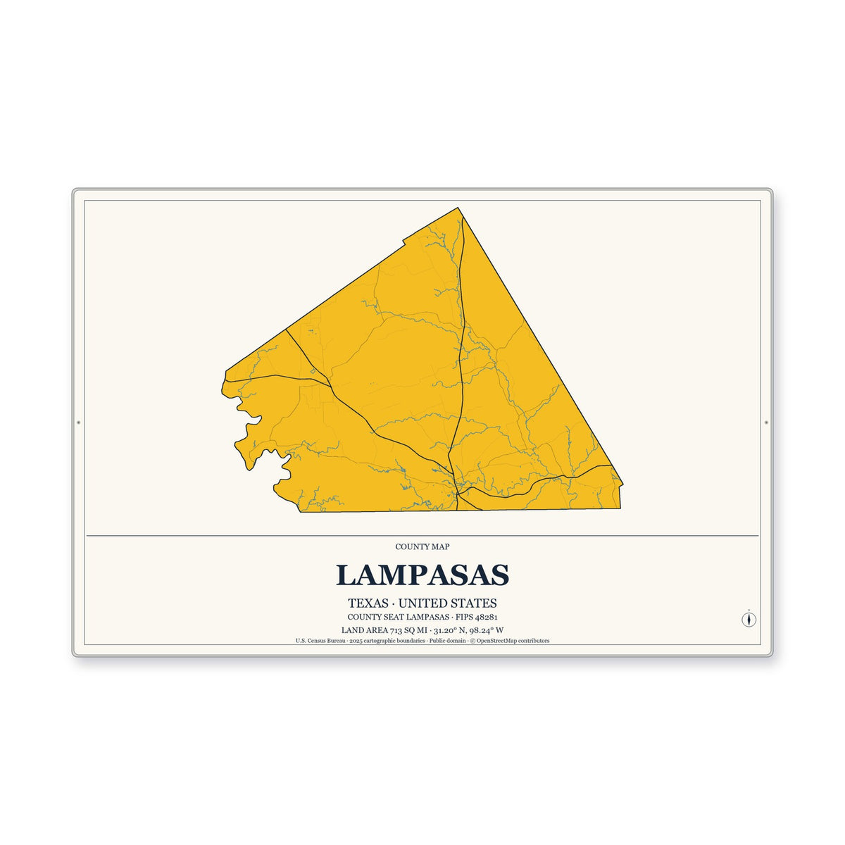 Lampasas County, Texas Map Aluminum Sign in Citrine Modern style
